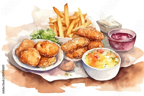 Background with fast food. French fries and nuggets watercolor paintig ilustration.