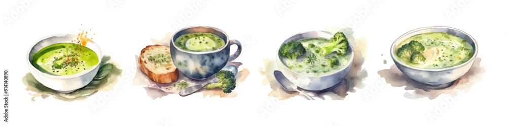 Broccoli soup in watercolor style. Hand drawn illustration. Food concept.