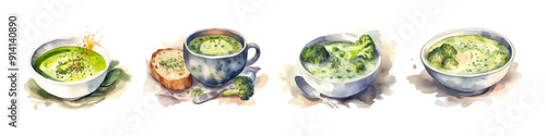 Obraz na płótnie Broccoli soup in watercolor style. Hand drawn illustration. Food concept. w salonie