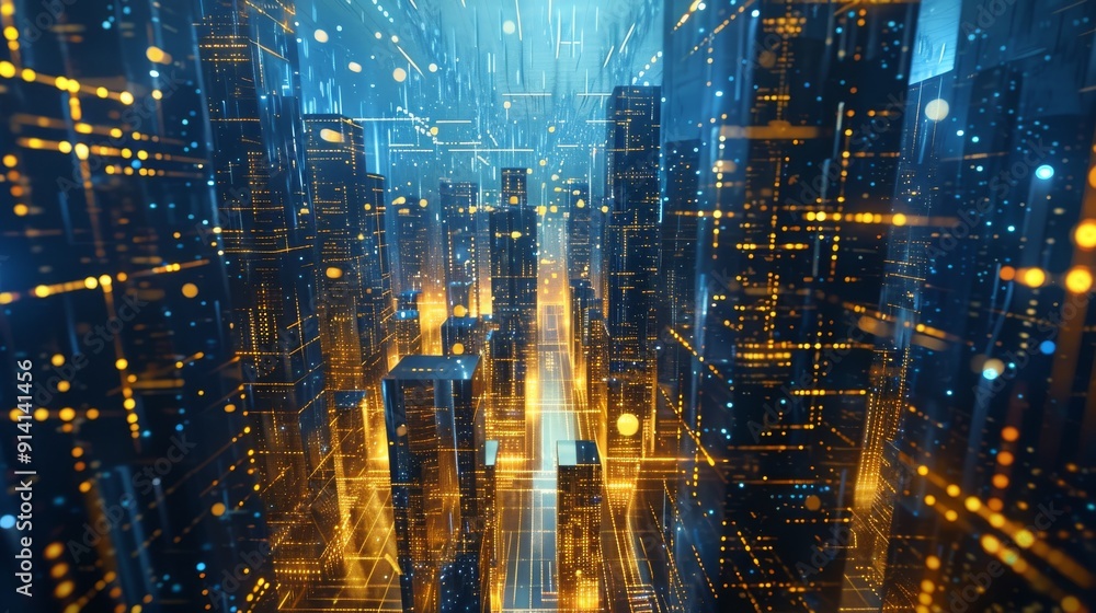 A futuristic cityscape at night, with skyscrapers illuminated in blue and gold lights A futuristic cityscape at night, with skyscrapers illuminated in blue and gold lights