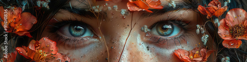 Close-up portrait of eyes with expressive blue iris surrounded by red flowers, creating an intense and captivating visual effect.