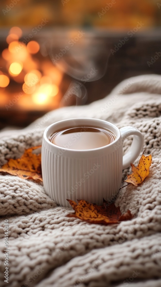 Cozy Autumn Scene with Warm Blanket and Hot Tea Cozy Autumn Scene with Warm Blanket and Hot Tea