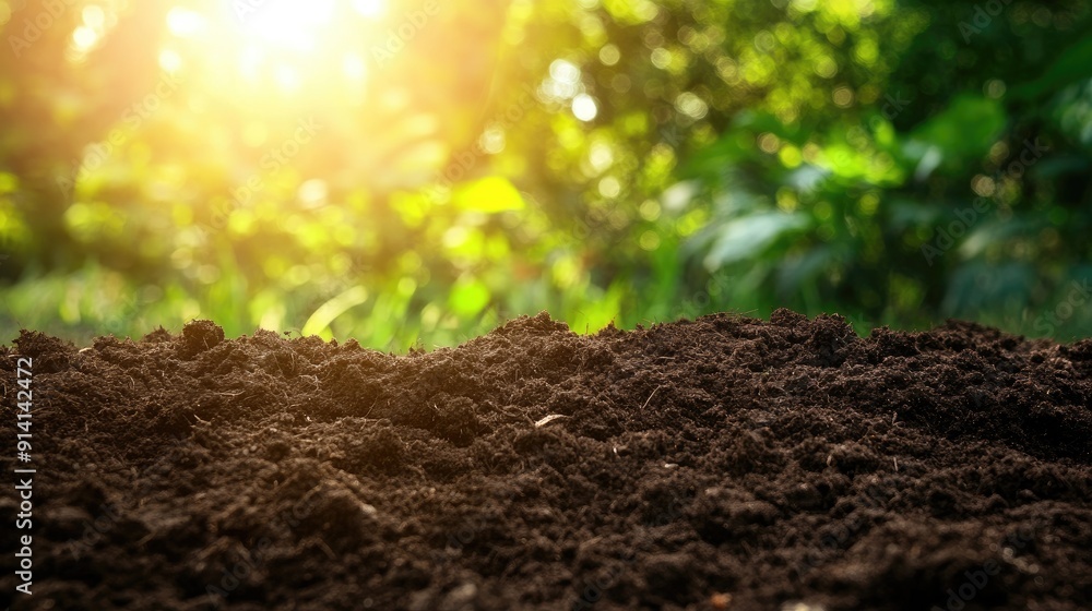 Rich, dark soil in the foreground with a blurred green nature background and sun shining through. Rich, dark soil in the foreground with a blurred green nature background and sun shining through.