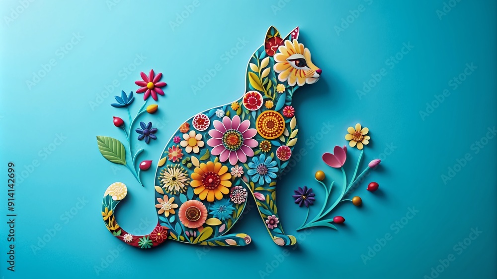 Φωτογραφία Whimsical cat silhouette surrounded by colorful flowers on a serene blue background, crafted in intricate paper art style, blending nature's beauty with artistic flair