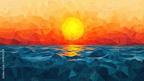 A vibrant geometric sunset over the ocean, showcasing vivid colors and abstract shapes, perfect for creative projects.