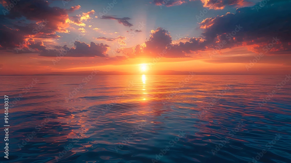 Obraz premium A vibrant sunset casts a warm glow over the tranquil ocean, illuminating the water with brilliant hues of orange, pink, and purple as the day ends