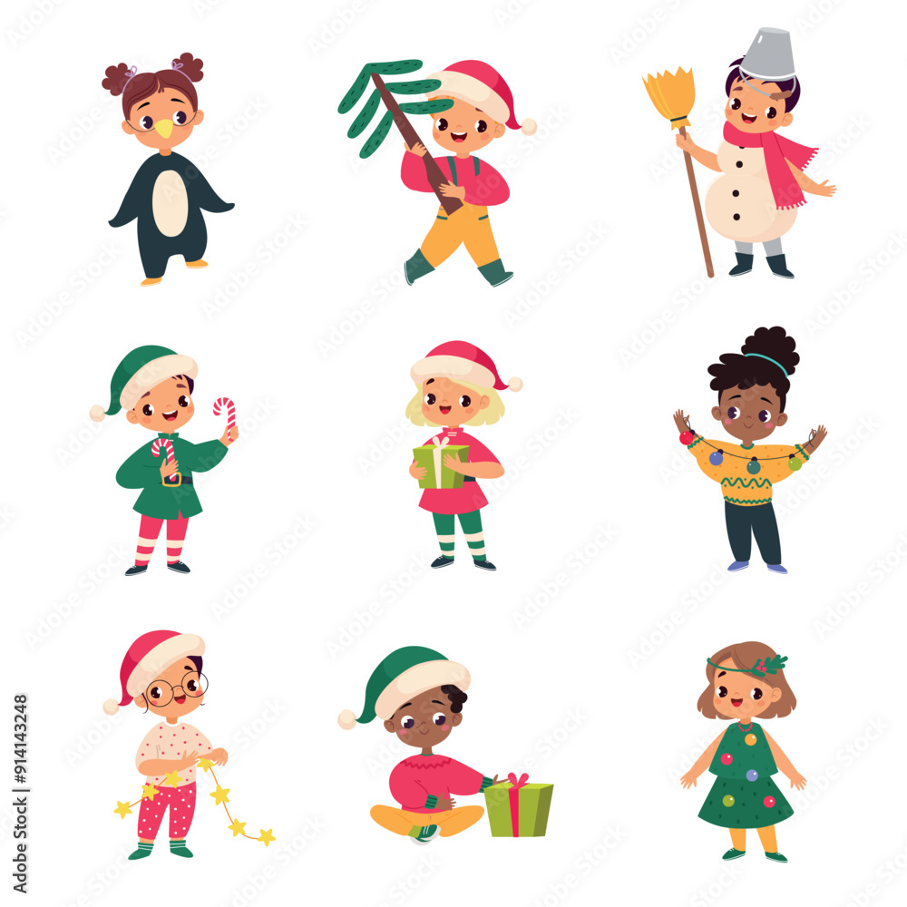 Kids Celebrate Christmas Holiday at Winter Vector Set Kids Celebrate Christmas Holiday at Winter Vector Set