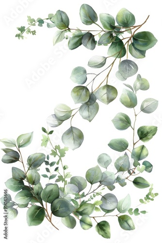 Hand painted watercolor wedding flower floral wreath of greenery eucalyptus leaves illustration isolated on white background