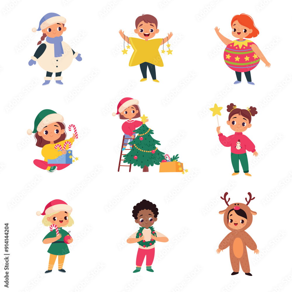 Kids Celebrate Christmas Holiday at Winter Vector Set Kids Celebrate Christmas Holiday at Winter Vector Set