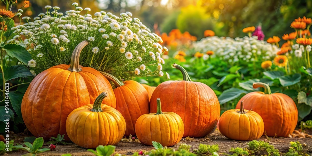 Vibrant orange pumpkins nestled among lush green foliage and delicate white flowers in a picturesque autumn agricultural setting, surrounded by natural beauty. Vibrant orange pumpkins nestled among lush green foliage and delicate white flowers in a picturesque autumn agricultural setting, surrounded by natural beauty.