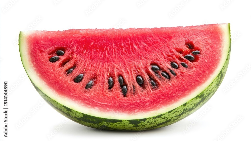 A halved watermelon with bright red flesh and black seeds, highlighting its juicy sweetness against a white background. A halved watermelon with bright red flesh and black seeds, highlighting its juicy sweetness against a white background.