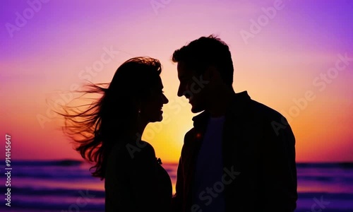 Happy Couple Silhouette on Beach at Sunset photo