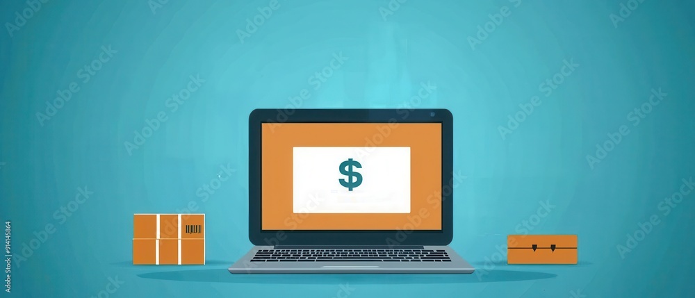 Online shopping concept featuring a laptop with a dollar sign on the screen and parcels against a blue background. Online shopping concept featuring a laptop with a dollar sign on the screen and parcels against a blue background.