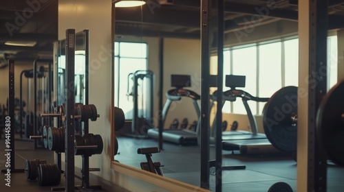 A large mirror in a gym reflecting workout equipment and a person lifting weights, embodying fitness and determination.