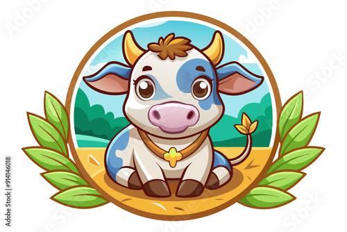 Cute Cartoon Cow with Blue Spots in a Circular Frame with Leaves