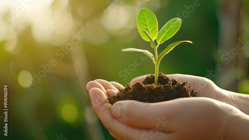 A close-up of hands nurturing a green seedling in rich soil, symbolizing growth and environmental care in a natural setting.