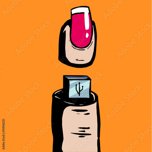 NK BRUSH AND COLOUR ILLUSTRATION OF FINGER USB MEMORY STICK WITH PAINTED NAIL