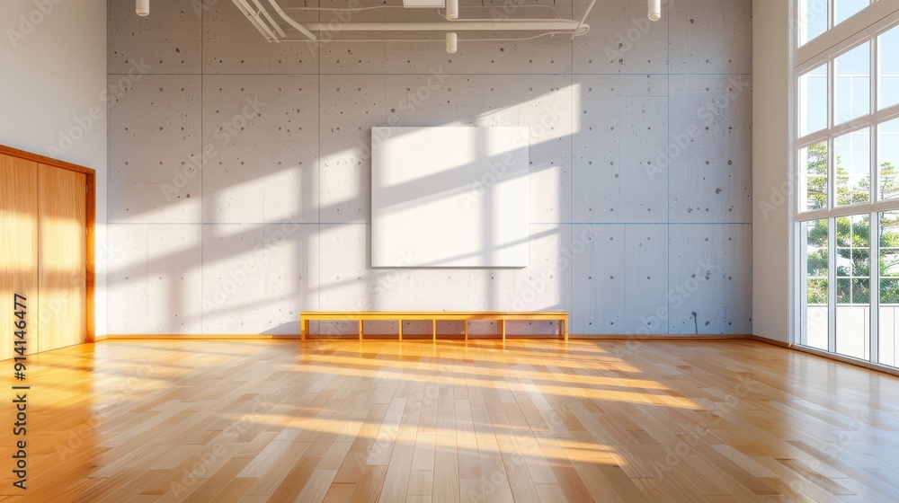 Bright and spacious interior featuring wooden floor, sunlit walls, and a simple bench, perfect for artistic or motivational settings.
