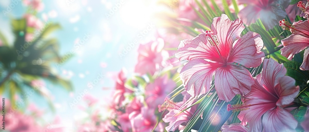 Fototapeta premium Beautiful close-up of pink hibiscus flowers basking in sunlight with a tropical palm tree backdrop, evoking a serene summer vibe.