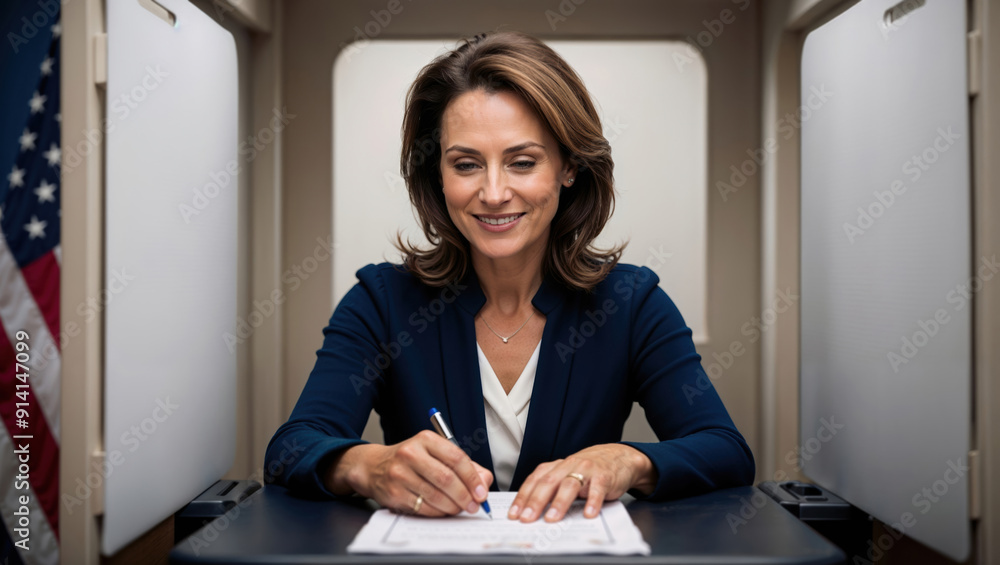 Smiling woman vote important document at desk with American flag Smiling woman vote important document at desk with American flag