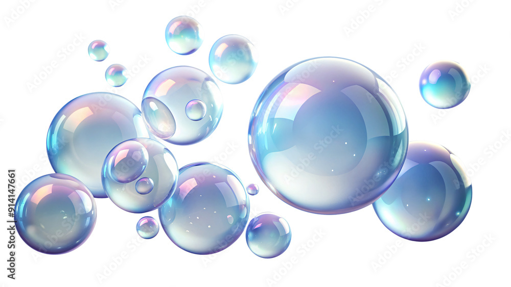 The image shows bubbles on a background with shiny, transparent spheres and a bright The image shows bubbles on a background with shiny, transparent spheres and a bright