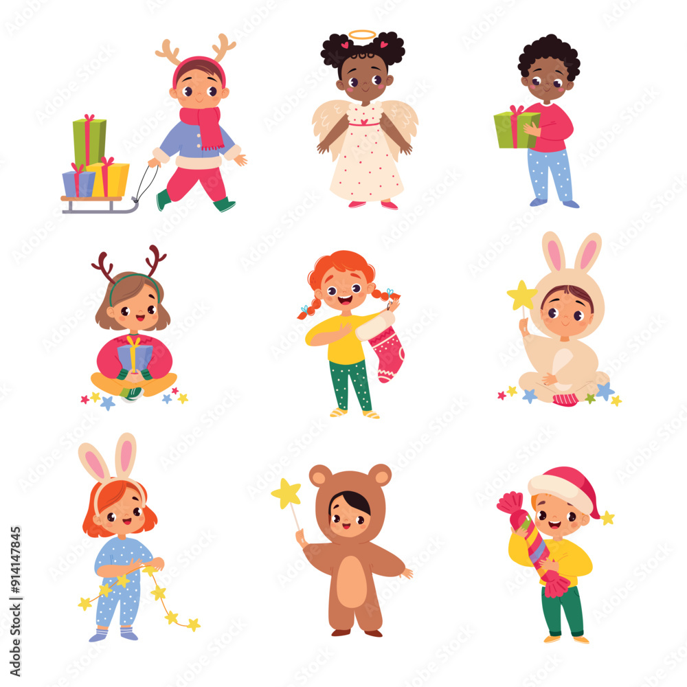 Kids Celebrate Christmas Holiday at Winter Vector Set Kids Celebrate Christmas Holiday at Winter Vector Set
