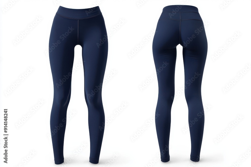 Pair of navy blue leggings front and back view on white background Pair of navy blue leggings front and back view on white background