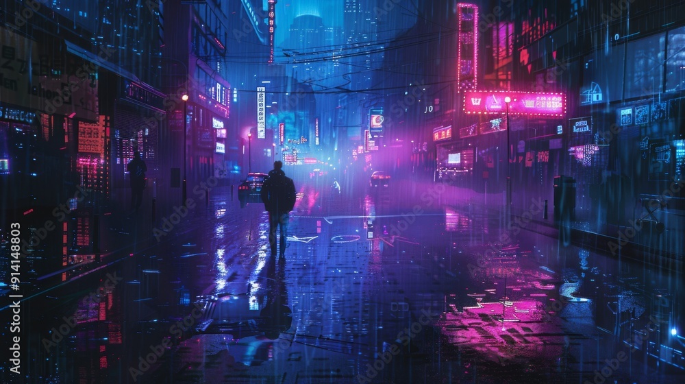 An empty city street at night, with a lone figure walking down the sidewalk An empty city street at night, with a lone figure walking down the sidewalk