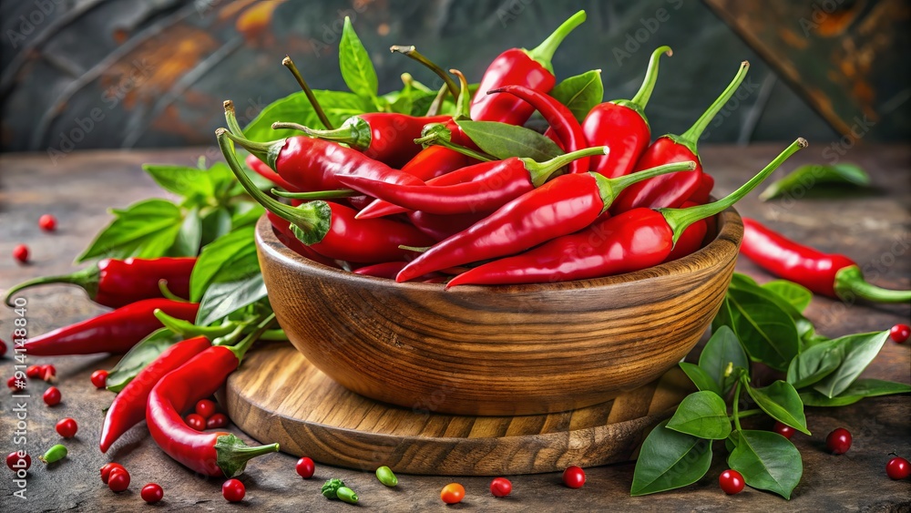 Vibrant red chili peppers overflow from a rustic wooden bowl, surrounded by green stems and leaves, against a muted earth-toned background. Vibrant red chili peppers overflow from a rustic wooden bowl, surrounded by green stems and leaves, against a muted earth-toned background.