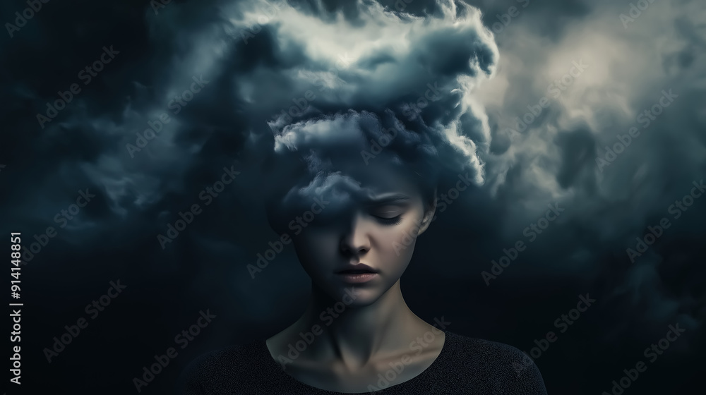 Woman with her head engulfed in a storm cloud against a dark background Woman with her head engulfed in a storm cloud against a dark background