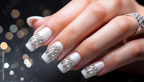 Glamorous white Nails with Sparkling Rhinestones