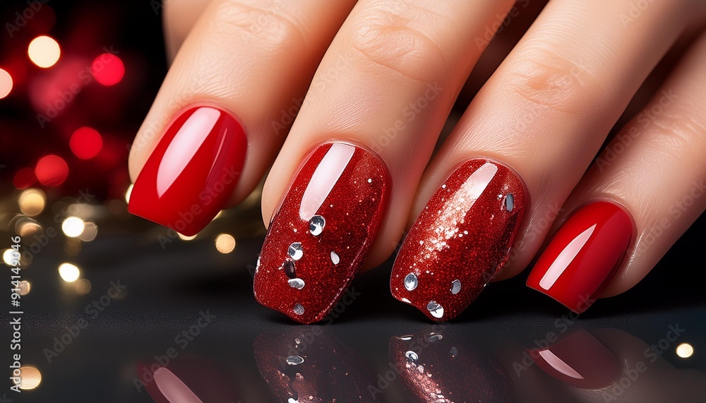 Glamorous Red Nails with Sparkling Rhinestones Glamorous Red Nails with Sparkling Rhinestones