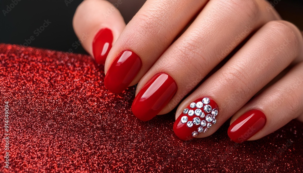 Glamorous Red Nails with Sparkling Rhinestones Glamorous Red Nails with Sparkling Rhinestones