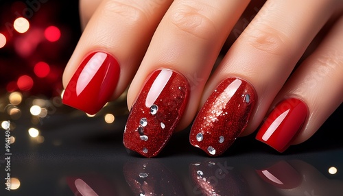 Glamorous Red Nails with Sparkling Rhinestones