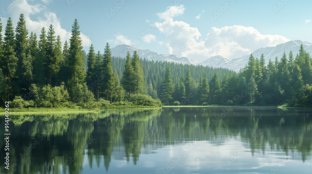森林と湖の背景イラスト_Forest and lake background illustration 森林と湖の背景イラスト_Forest and lake background illustration