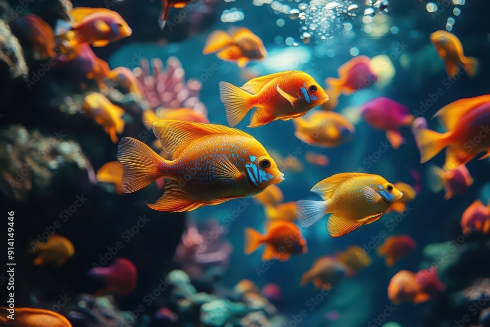 vibrant underwater scene teeming with exotic fish iridescent scales shimmering amidst swaying coral and bioluminescent flora in crystalclear waters vibrant underwater scene teeming with exotic fish iridescent scales shimmering amidst swaying coral and bioluminescent flora in crystalclear waters