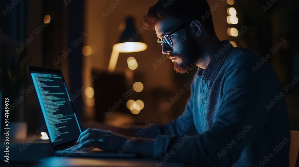 A software developer in a dimly lit environment, intently working on a laptop with code visible on the screen A software developer in a dimly lit environment, intently working on a laptop with code visible on the screen