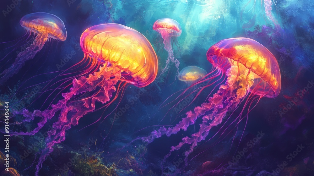Brightly colored, glowing jellyfish drifting in the deep sea, forming a mesmerizing and ethereal underwater scene. Brightly colored, glowing jellyfish drifting in the deep sea, forming a mesmerizing and ethereal underwater scene.