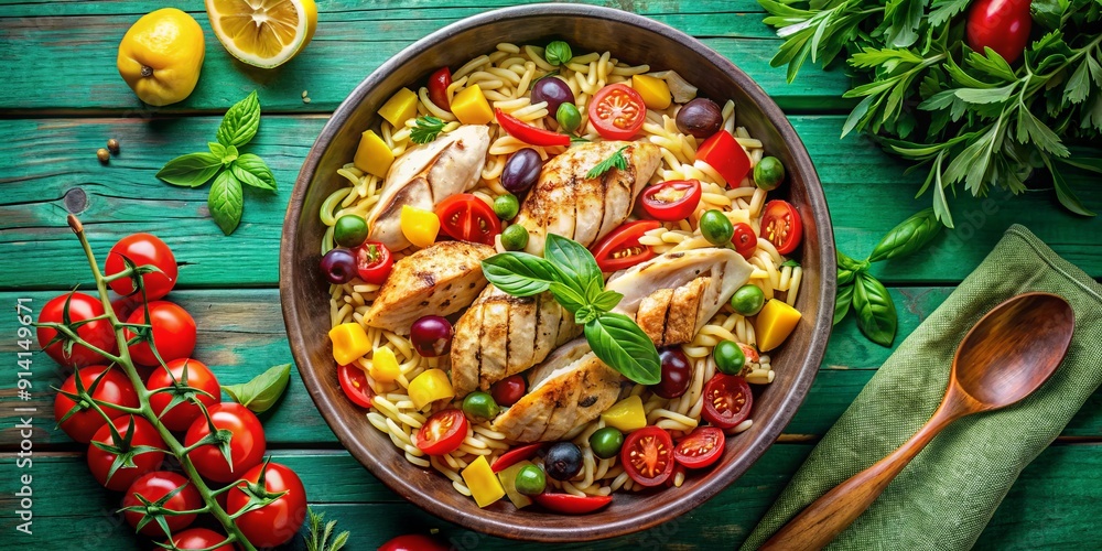 Vibrant top-view arrangement of Mediterranean-style chicken, pasta orzo, and colorful vegetables in a rustic bowl on a fresh green background, evoking a sense of summery freshness. Vibrant top-view arrangement of Mediterranean-style chicken, pasta orzo, and colorful vegetables in a rustic bowl on a fresh green background, evoking a sense of summery freshness.