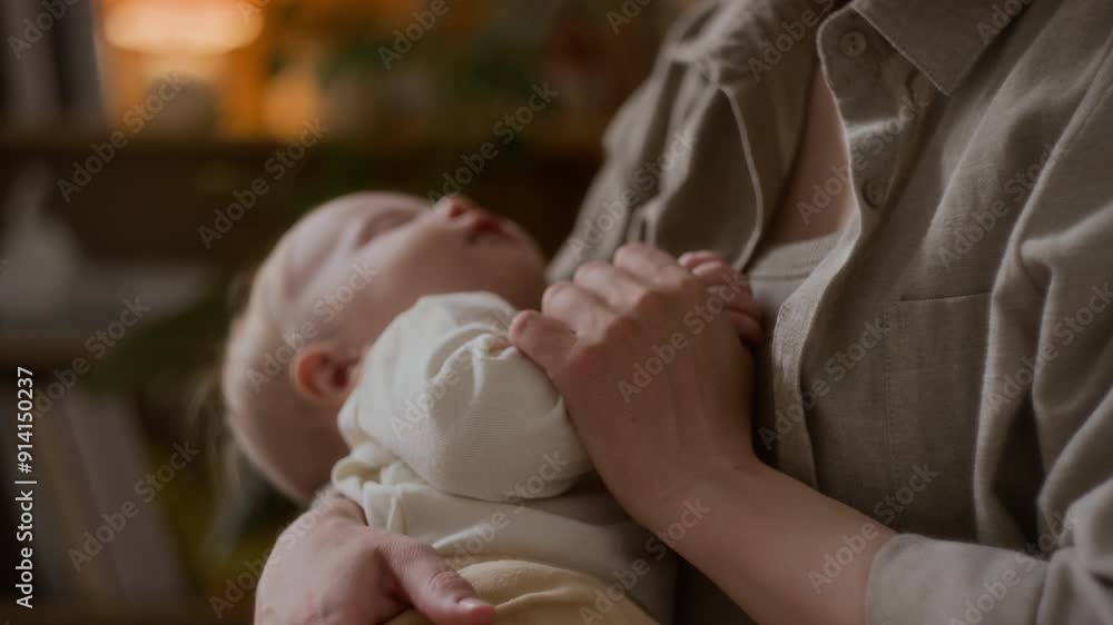 Close-up of unrecognizable young mother gently holding peacefully sleeping baby, toching tiny hand, showing innocence and purity of bond Close-up of unrecognizable young mother gently holding peacefully sleeping baby, toching tiny hand, showing innocence and purity of bond