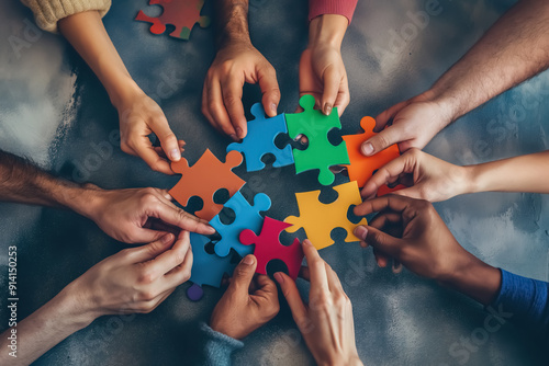 A group of diverse hands holding colorful puzzle pieces that fit together perfectly, symbolizing the idea that each person's unique qualities can contribute to an overall whole or team success