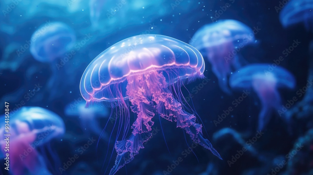 Enchanting display of glowing jellyfish swimming through the deep sea, offering a mesmerizing visual experience. Enchanting display of glowing jellyfish swimming through the deep sea, offering a mesmerizing visual experience.