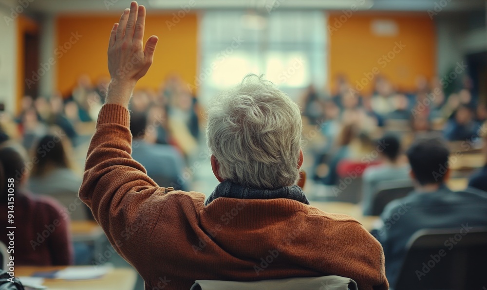 Fototapeta premium Engaged Senior Students Raising Hands in Adult Education Class. Vibrant Retirement Community Learning Experience. Elderly Enrichment Through Lifelong Education. 4K High-Definition Background Illustrat