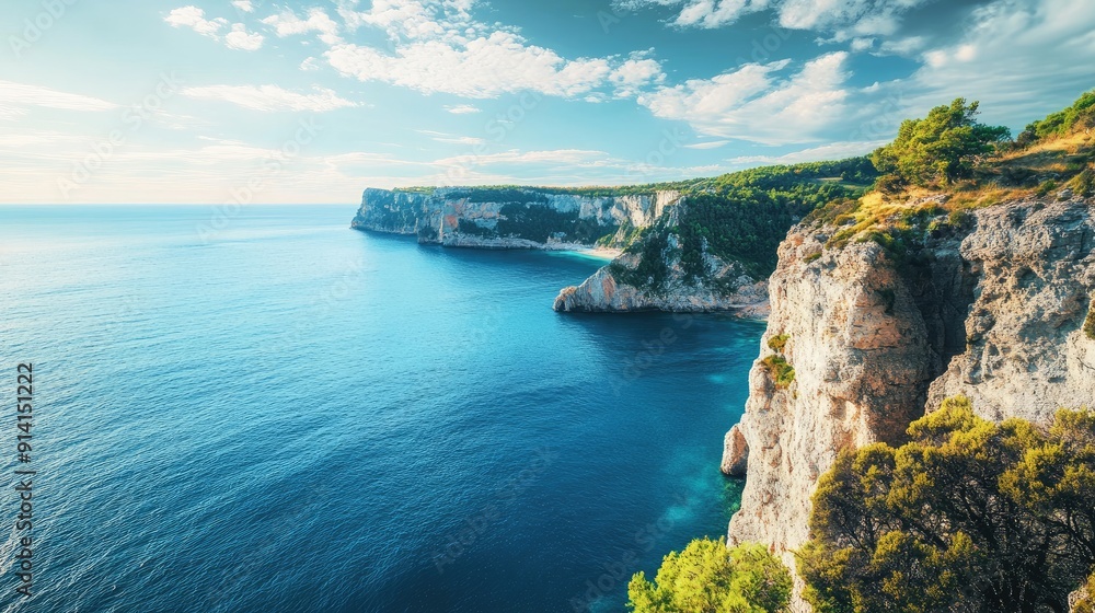 Fototapeta premium Expansive panoramic view of the cliffs and the blue sea, showcasing the rugged coastline and tranquil waters.