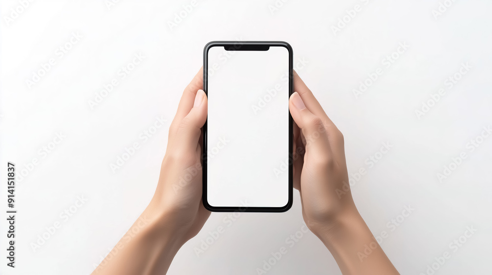 A close-up image of female hands typing on a smartphone, set against a clean white background A close-up image of female hands typing on a smartphone, set against a clean white background