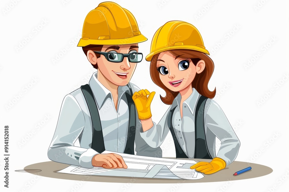A female architect and a male contractor, discussing plans and blueprints at a construction site. A female architect and a male contractor, discussing plans and blueprints at a construction site.