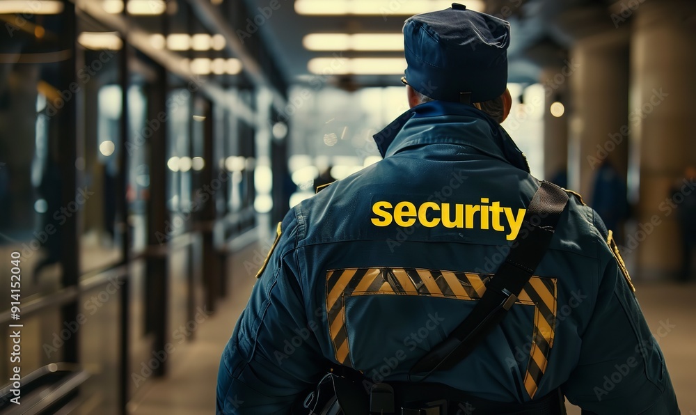 A security guard in the back wearing a blue jacket with the word A security guard in the back wearing a blue jacket with the word