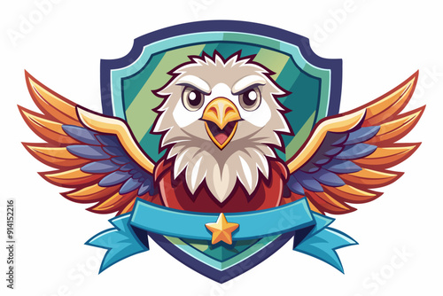 Cartoon Eagle with Spread Wings and Shield Emblem