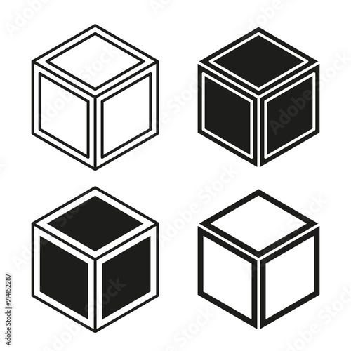 3D cube vector set. Isometric black and white cubes. Geometric shapes collection. Abstract design.
