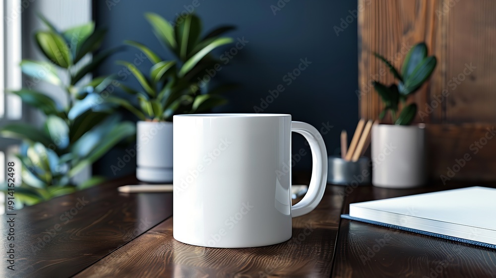 A simple dark wood desk with a cobalt blue mug and a notebook and Ficus is ideal for mockups, Generative AI.